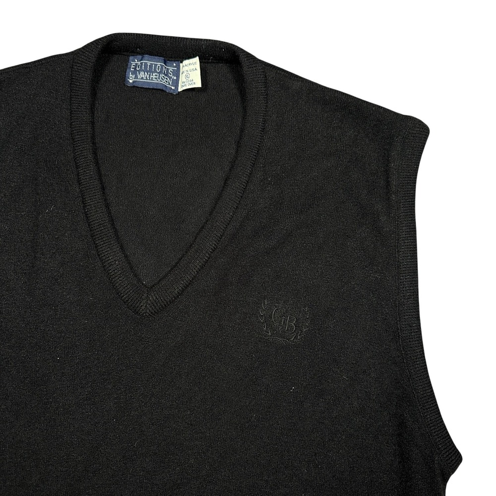 VTG V-Neck Sweater Vest Editions by Van Heusen Mens XL Black Acrylic Made in USA